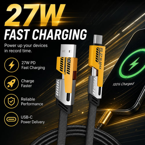 4-In-1 USB-C Charging Cable, Tangle-Free Nylon Braided Multi Charging Cord, USB-A & USB-C Inputs, PD 27W Fast Charge, Compatible with Iphone, USB-C Devices, Tablets & Phones (6.6FT)